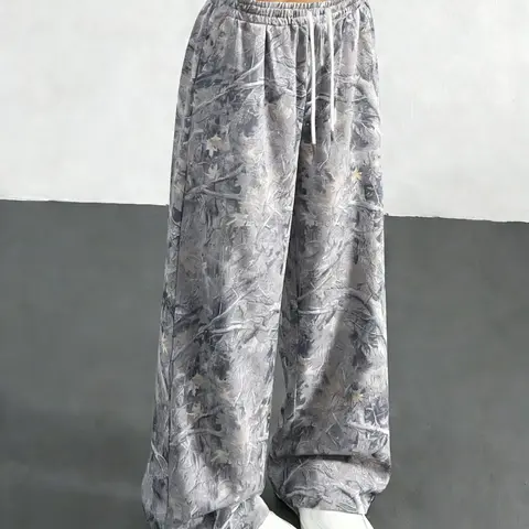 Women's Vintage Street Style Camo Knit Lightweight Soft Loose Baggy Oversized Sports Pants, Adjustable Drawstring Waist, Summer Branch Print, Casual Wide Leg, All Seasons, Camouflage, Aesthetic, Beach Palazzo Pants