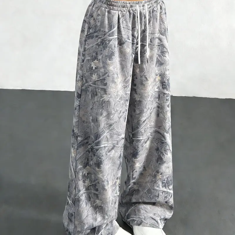 Women's Vintage Street Style Camo Knit Lightweight Soft Loose Baggy Oversized Sports Pants, Adjustable Drawstring Waist, Summer Branch Print, Casual Wide Leg, All Seasons, Camouflage, Aesthetic, Beach Palazzo Pants