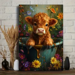 1pc Canvas  HD wall decoration, depicting a cute little Highland cow surrounded by colorful flowers and honey dripping on the edge of the bathtub. Suitable for living room kitchen bathroom hotel wall decoration [no frame/frame] posters Painting Ornaments