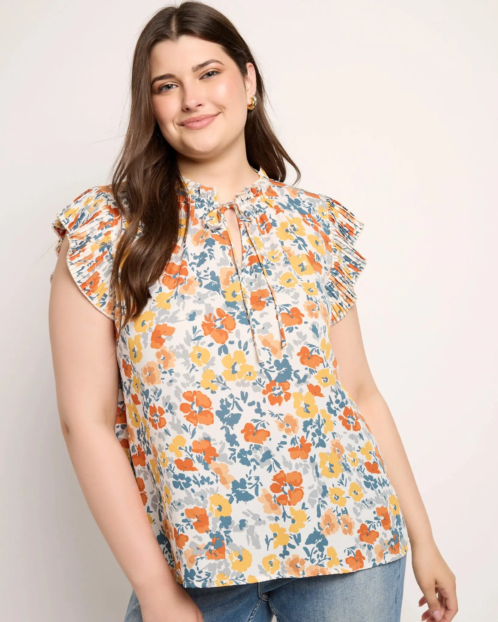 Plus Size Floral Blouse for Women, Gorgeous Ruffled Tie-Neck Top with Pleated Flutter Sleeves in a Relaxed Fit, Blouses, Shirts, Fitted, Ditsy Floral, Going Out, Floral Print