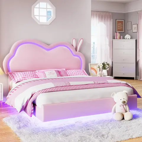 Amerlife Queen Bed Frame, Modern Upholstered Floating Leather Bed with Rabbit Shaped 45.3"-47.2" LED Adjustable Headboard, Wood Slats Support, Easy Assembly, Boxspring-Free Pink/White Indoor Bedroom Furniture #TikTokShopBlackFriday #cozy home,familyfun