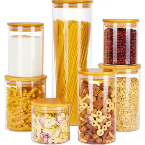 Glass Food Storage Jars, 7 Pack Kitchen Containers with Airtight Bamboo Wooden Lids for Pasta, Cookies, Nuts, Coffee Beans, Cereal, Canisters Set for Flour, Pantry Organization, BPA Free