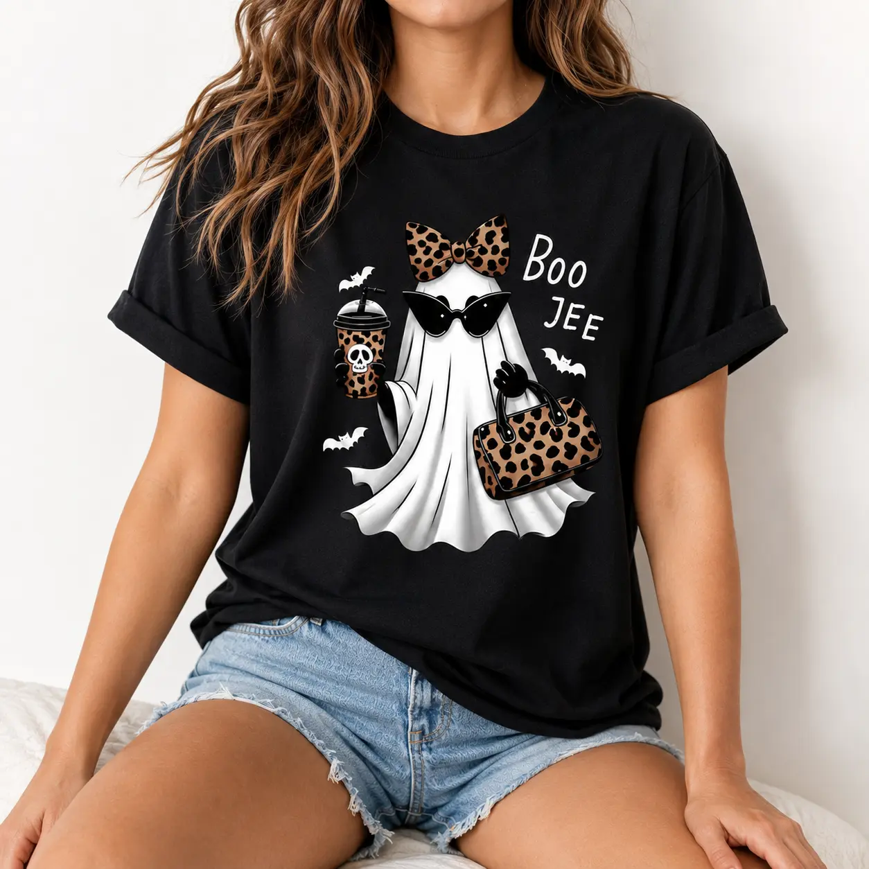Boo Jee Ghost Graphic Tee, Cute Leopard Halloween Shirt, Spooky Season Funny T-Shirt, Unisex Fall Graphic Tee