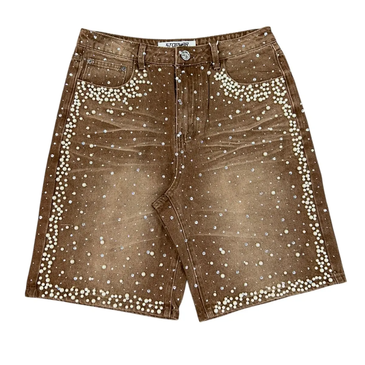 STORM88 | PEARL STUDDED DENIM SHORTS - BROWN