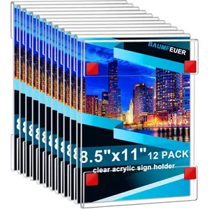 12 Pack  Sign Holder 8.5 x 11, Clear Plastic Wall Sign Holder with Adhesive Tape Wall Mount Display Stand Paper Holder for Menu, Office, , Store, Restaurant No Drilling Needed