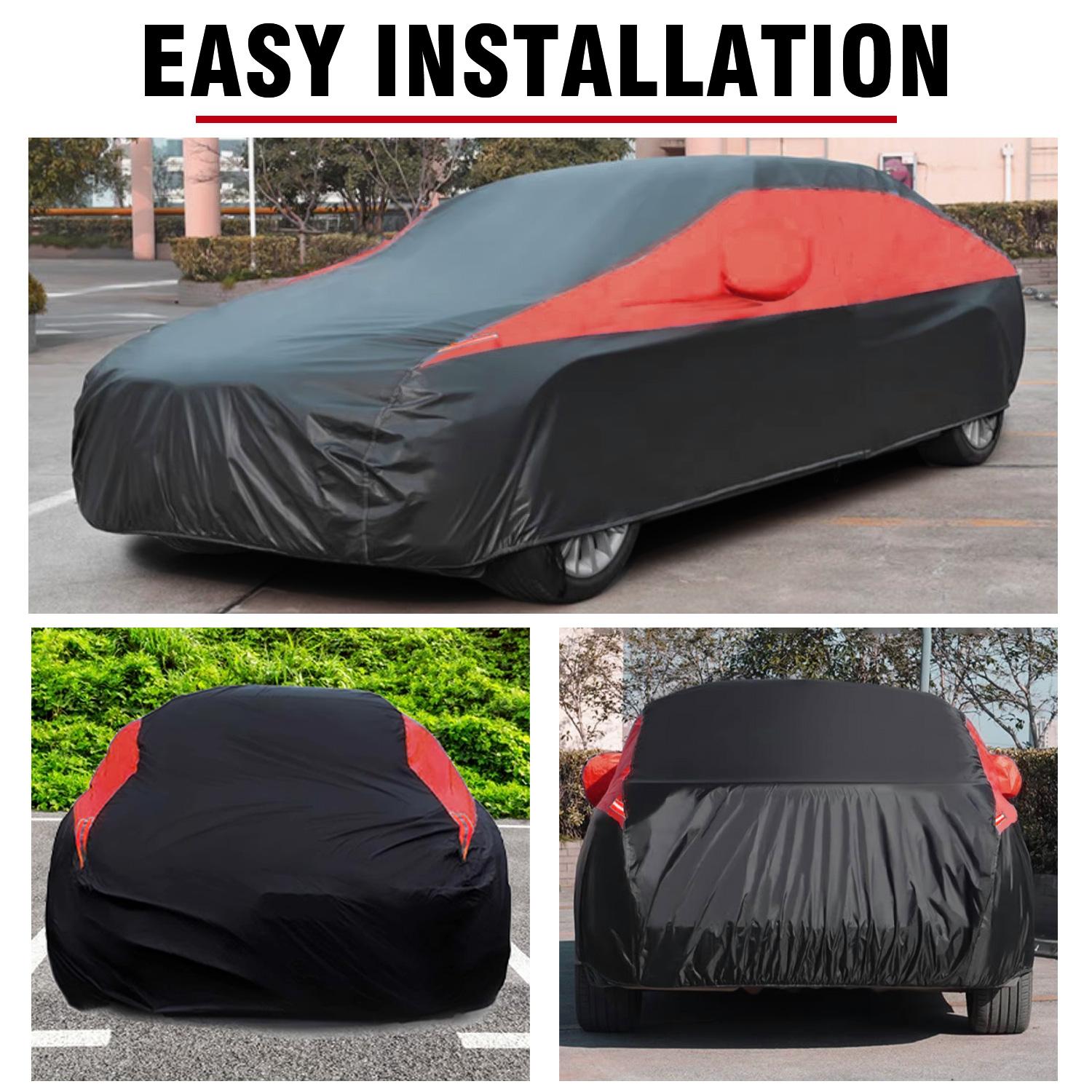 Universal Car Cover for Sedan - UV Protection, Waterproof, Breathable, Scratch-Resistant, Black and Red, Suitable for Outdoor Parking Strap, All Weather Industrial