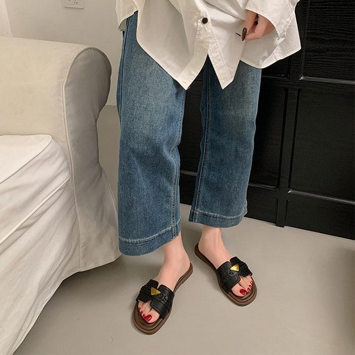 Women's Elegant Gold Triangle Accent Open Toe Mules - Comfortable Flat Sandals for Commuting & Summer Outings