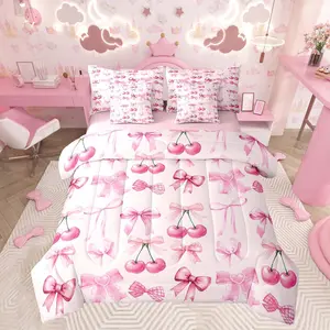 Cherry Bow Comforter Set with Sheets Cute Cherry 7 Piece Bedding Set for Kids Boys Girls Ribbon Bow Bed in a Bag Girly Bow Bed Set