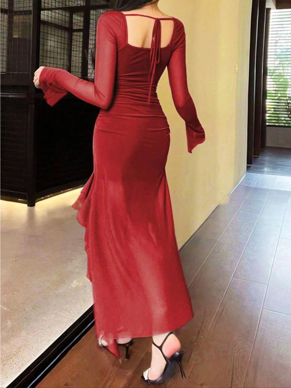 Women's Plain Ruffle Trim Long Sleeve Dress, Elegant Fashion Casual Sheer Mesh Dress for Daily Outdoor Wear, Women Dress for All Seasons，black tie wedding guest dress