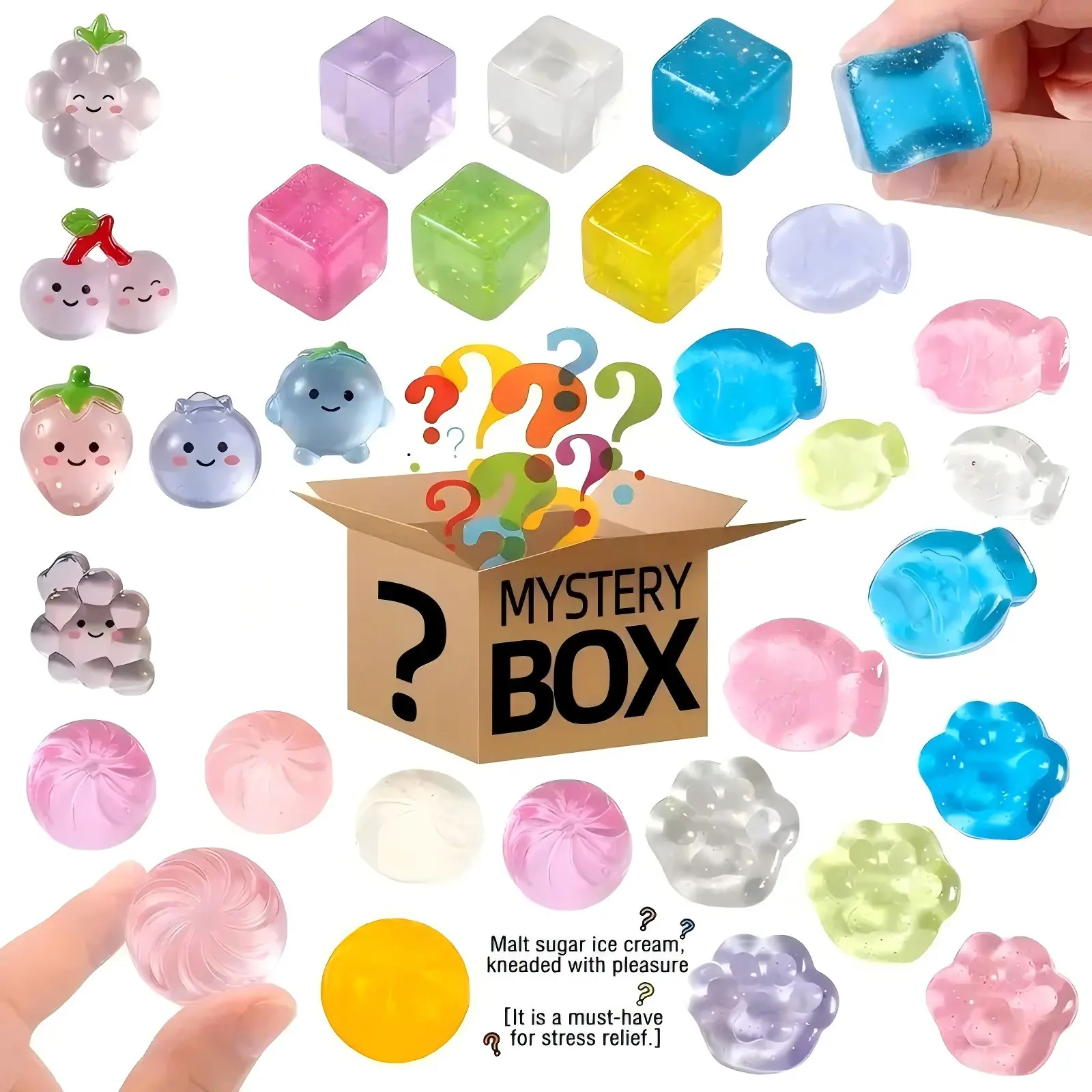 30 Pcs Mini Squishy Toys Squeeze Fidget Toys with Mini Cat Paw Fish Steamed Buns Ice Cubes Fruits Cute Squishies Stress Relief Toys Surprise Gift for Christmas Halloween Children’s Day Birthday Party