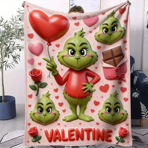 Valentine's Day Grinch Pattern Plush Blanket, Soft Warm Lightweight, Perfect for Valentine's Gift, Bed Sofa Car Room Decor, Single-Sided Print