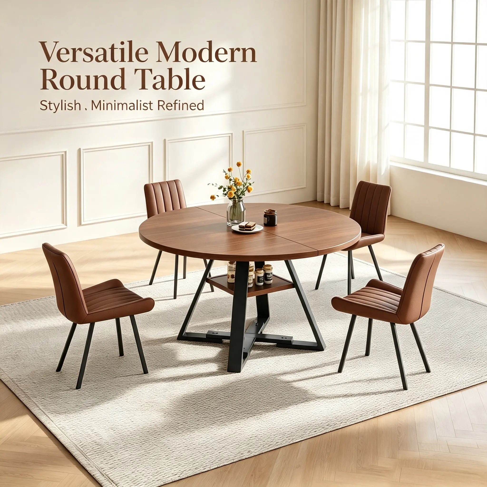 Round Dining Table 45.3'' Solid Wood, Easy Assembly Sturdy Modern for Kitchen Dining Room Living Room, Walnut Brown affordable set