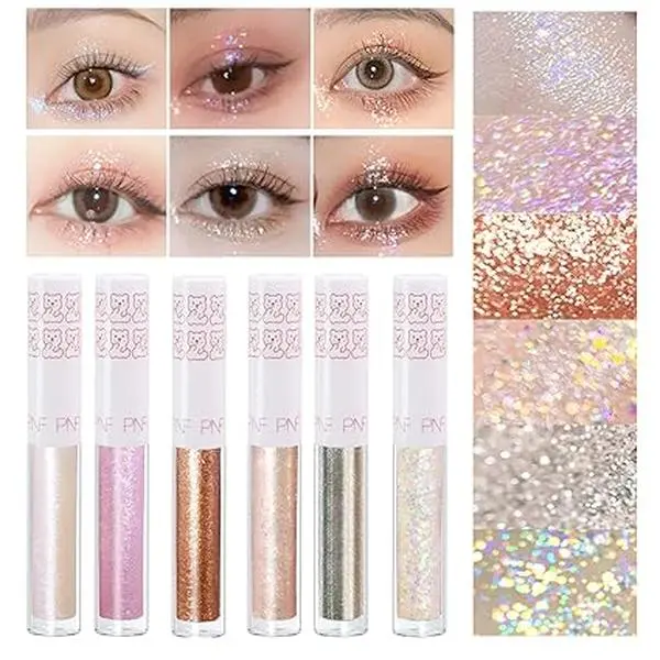 6Pcs Liquid Glitter Eyeshadow Eyeliner, Bling Under Eye Shadow, Shimmer Eye Make Up Valentine's Gift Set,Long Lasting,Quick Drying & Pigmented Loose Glitter Glue for Crystals Makeup