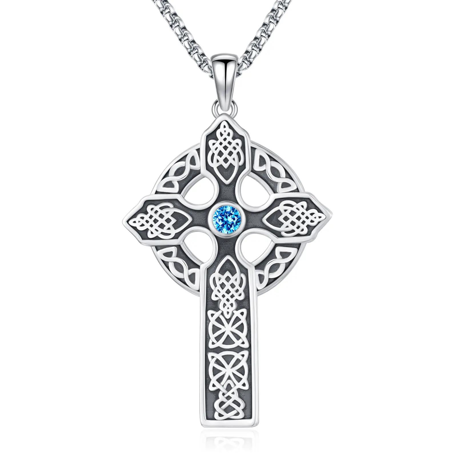 DRINSPER Women's S925 Sterling Silver Celtic Cross Necklace, Vintage Detailed Pendant with Blue Moissanite Celtic Knot, Irish Heritage Jewelry, Elegant Necklace, Retro, Unisex, Daily Wear, Moissanite Gem, Ethnic, Decorative Silver Necklaces & Pendants