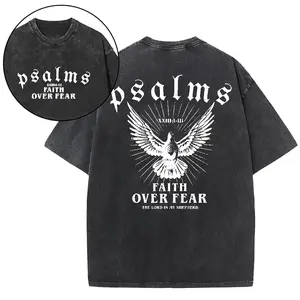 "Faith Over Fear Psalms 23" Washed Black Oversized T-Shirt - Christian Dove Tee Vintage Washed "Faith Over Fear" Psalm 23 Graphic Tee - Faith-Based Streetwear Black Washed "Psalms Faith Over Fear" Cotton T-Shirt - Religious Casual Top