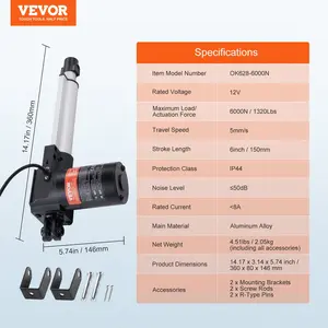 VEVOR Linear Actuator 12V, 6 Inch Heavy Duty 1320lbs/6000N Linear Actuator, 0.19/s Linear Motion Actuator with Mounting Bracket IP44 Protection for Electric Door Industrial Machinery Vessels Cargo