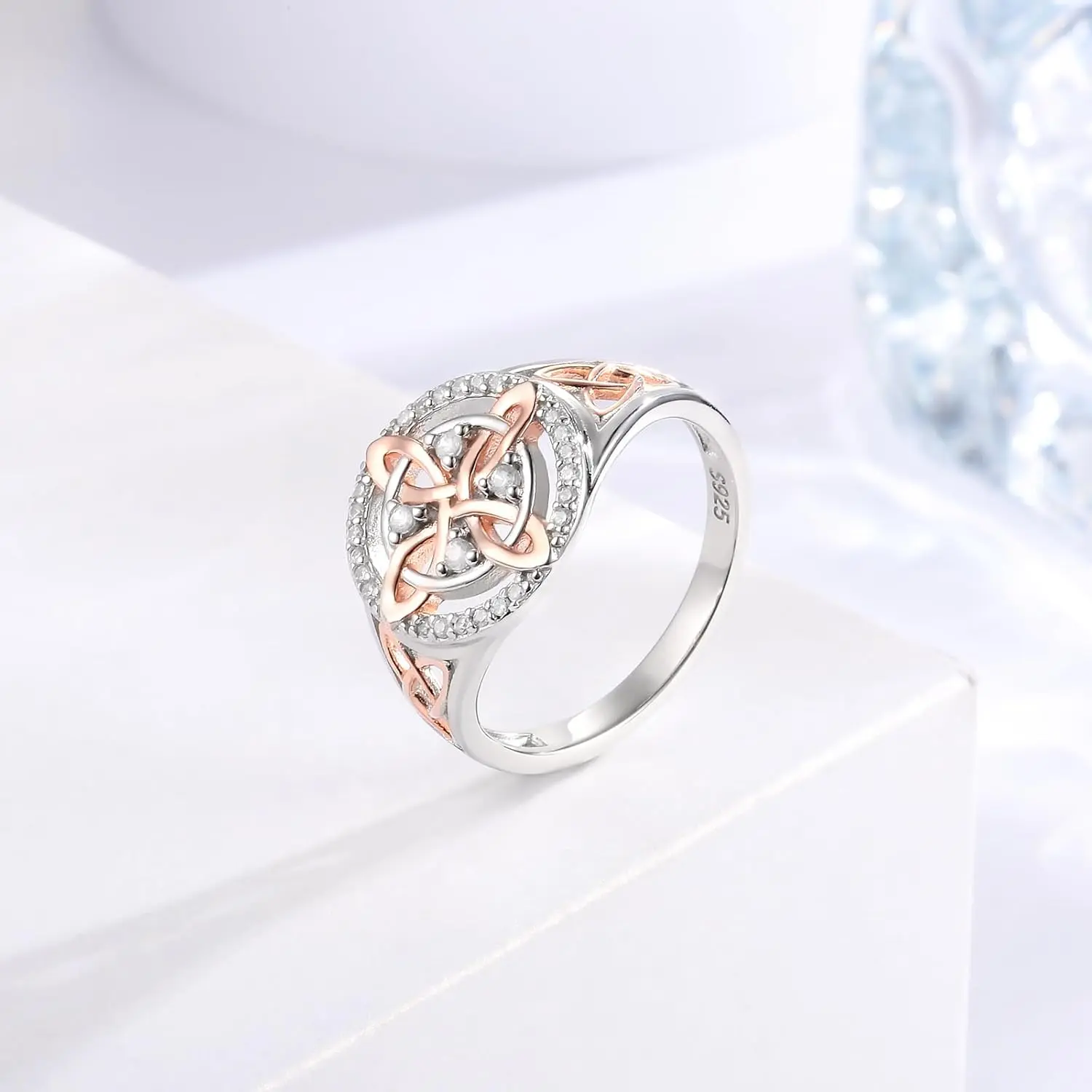 Witches Knot Ring in Rose Gold with Cubic Zirconia, Celtic Spiritual Protection Jewelry for Women, Adjustable Meaningful Valentine's Day Gift, Beautiful Rings, Valentines Day, Cubic Zirconia Rings