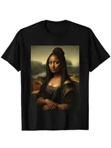 Vintage Artistic Graphic T-Shirt with Mona Lisa Woman Design, Comfortable Cotton Casual Wear for All Seasons, Fitted Short Sleeve Tee for Daily Use