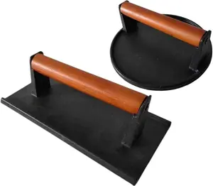 Hamburg press 7.1 inch (approximately 18.0 cm) round and 8.3 inch (approximately 21.9 cm) X4.3 inch (approximately 11.9 cm) rectangular heavy-duty cast iron minced meat steak with wooden handle, baking tray (circular and rectangular)
