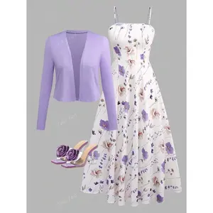 Women's Elegant Floral Camisole Dress With Belted Waist And Flared Skirt, With Knitted Cardigan 2-Piece Set
