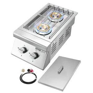 VEVOR Double Grilling Side Burners, 2 x 15,000BTU Liquid Propane Side Burner for Outdoor Kitchen, Convertible to Natural Gas, 304 Stainless Steel Built-in Double Grill Burners for BBQ Grill Island