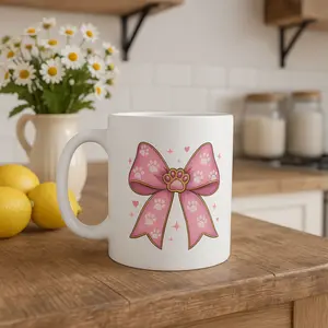 Cute Pink Paw Print Ribbon Mug, Dog Lover Coffee Cup, Yorkie Lover Mama Gift, Animal Lover Gift, Coquette Bow Gifts, Puppy Themed Tea Cup, Farmhouse Kitchen Decor, Pet Lover Gift, Dog Mom Coffee Cup, Pink Bow Ceramic Mug, Animal Lover Kitchenware