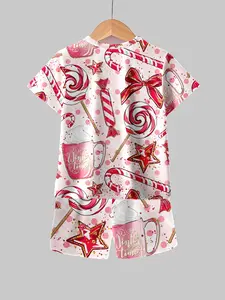 Girls' Christmas Candy Cane 3D Printed Pajama Set, Summer Short Sleeve Shorts, Sweet Homewear, Casual Loose Fit, All over Print