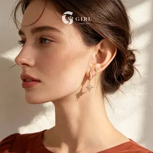 GGIRL 1Pair 14K Gold Plated Starburst CZ Chain Earrings, Double Piercing Dangle Huggie Hoops, Exquisite Personlized Cartilage Layered Stack Earrings,Ideal Trendy Summer Jewelry Gift for Women