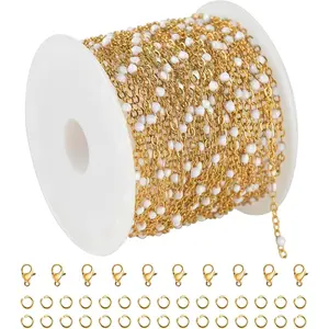 KYUNHOO 16.4 Feet/5M Stainless Steel Beaded Chain for Jewelry Making - Gold Plated Bulk Thin Cable Link With Findings for DIY Craft