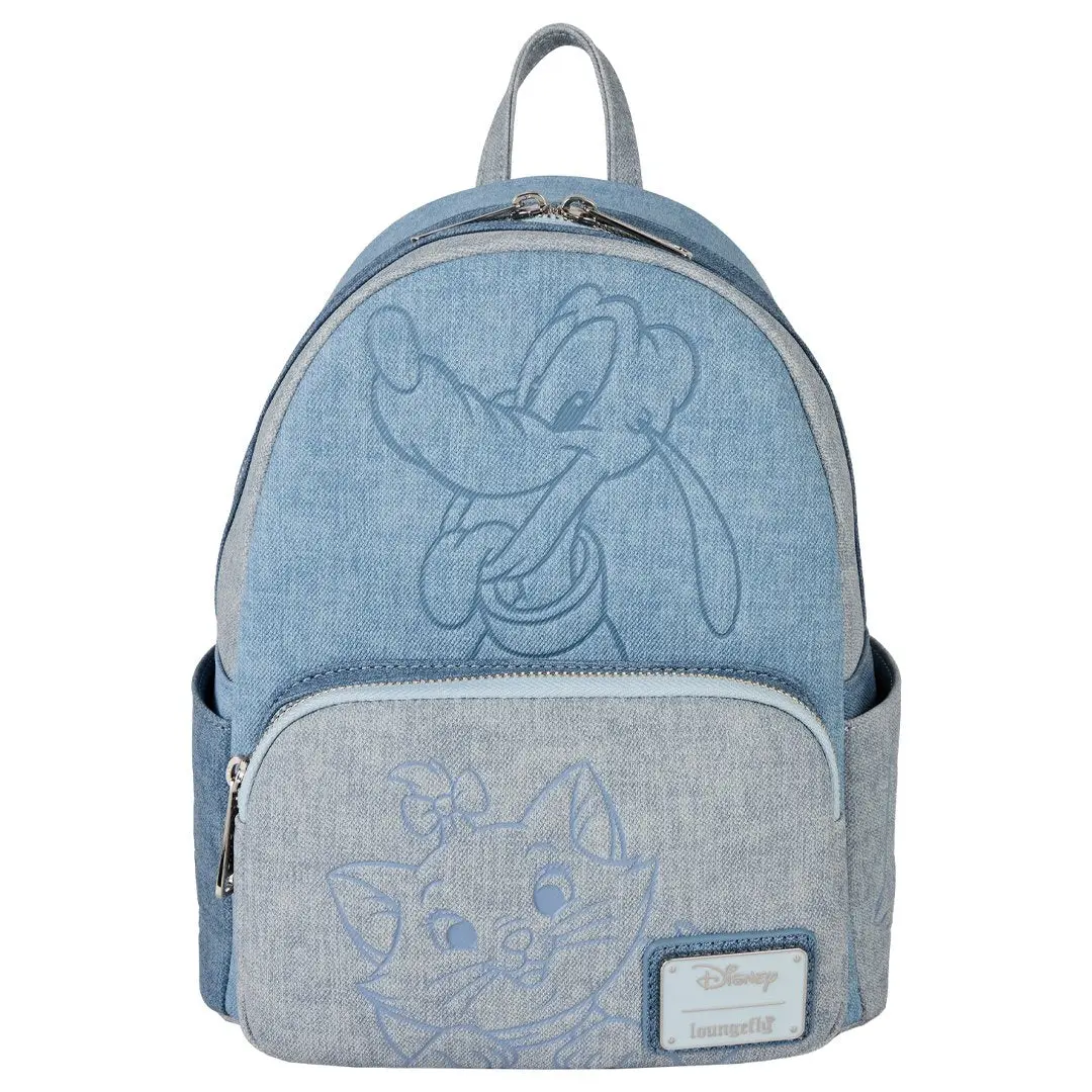 Loungefly Disney Dogs & Cats Faux Denim Mini Backpack, Animated Character Graphic Backpack for Casual Use, Animated Character Graphic Backpacks