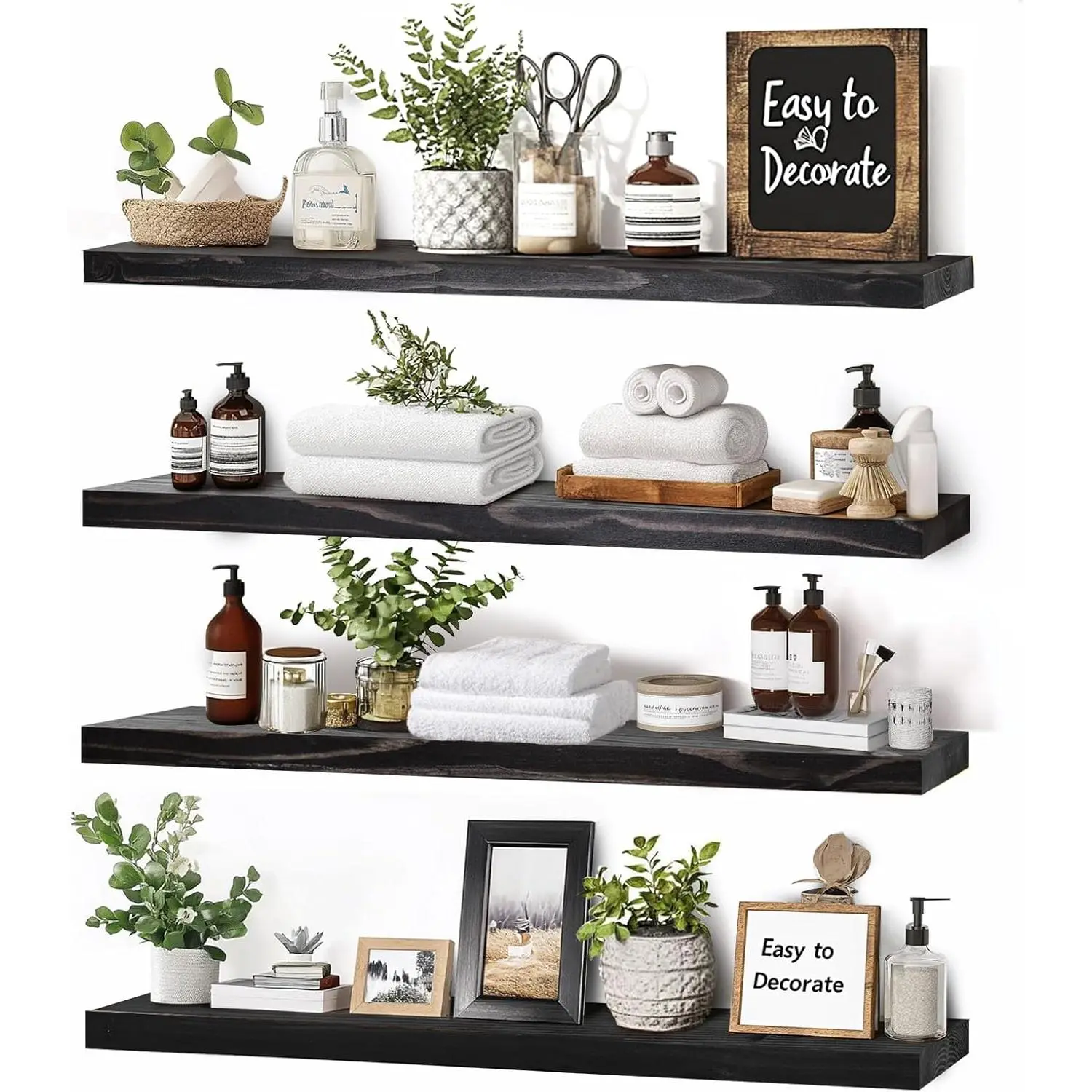 4‑Pack Floating Wall Shelves, 16 Inch Rustic Black Wood Wall‑Mount Storage Display Shelves, Easy‑to‑Install Decor Shelf for Living Room Bedroom Kitchen Bathroom
