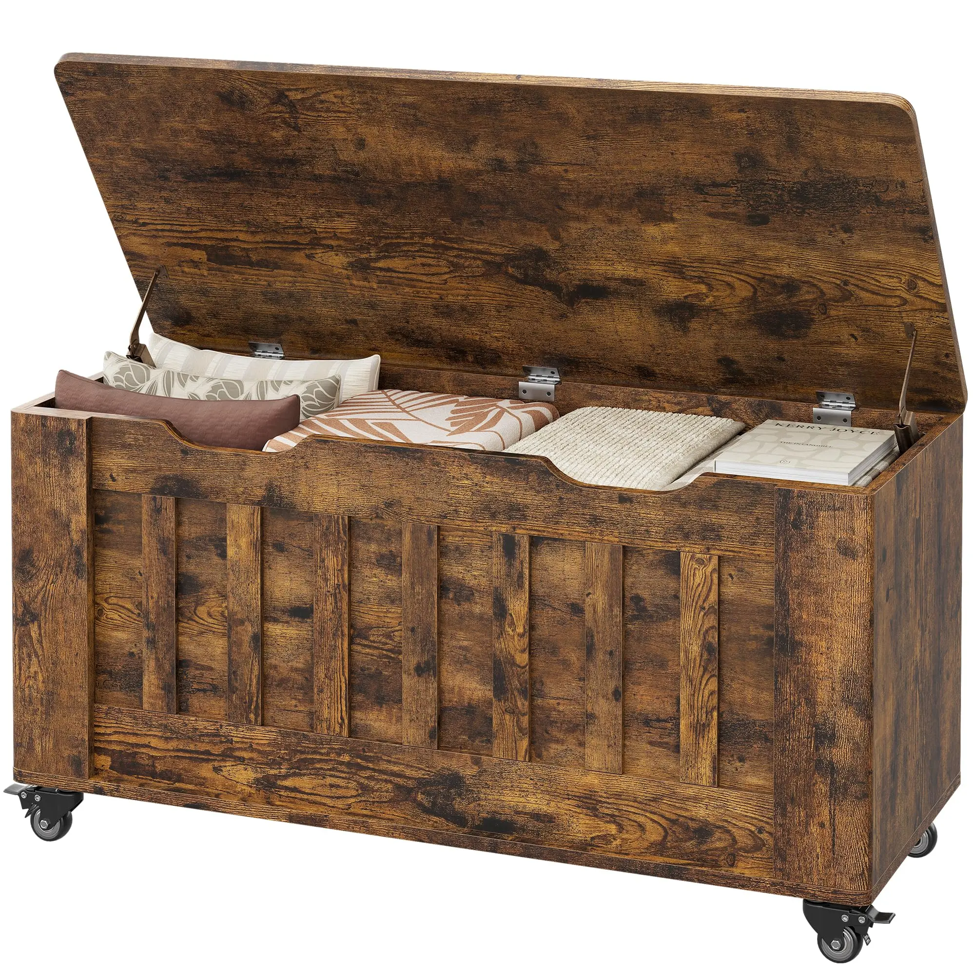 GARVEE Storage Chest, Storage Trunk With 4 Wheels, 39.4'' Wooden Storage Bench With 2 Safety Hinges, Blanket Chest, Entryway Bench With Storage, Supports 350 Lbs, for Living Room,Rustic Brown