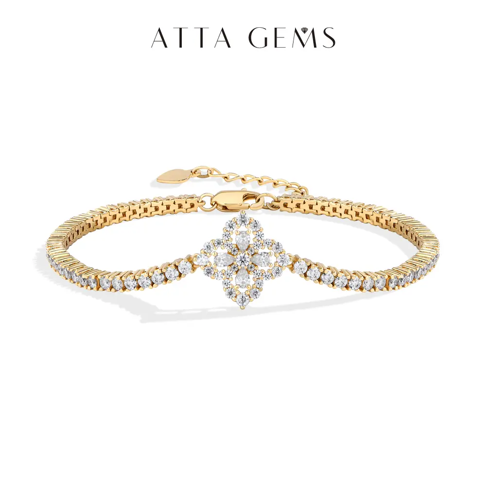 ATTAGEMS Exquisite Trendy Fashionable High Quality Pretty Lab-Created Moissanite Bracelet - Flower Design with Pear Cut & Round Cut Stones, Women's Fine Jewelry for Anniversary Gifting (Fit Size, B064), Exquisite Trendy Bracelet, Fashionable Bracelet summ