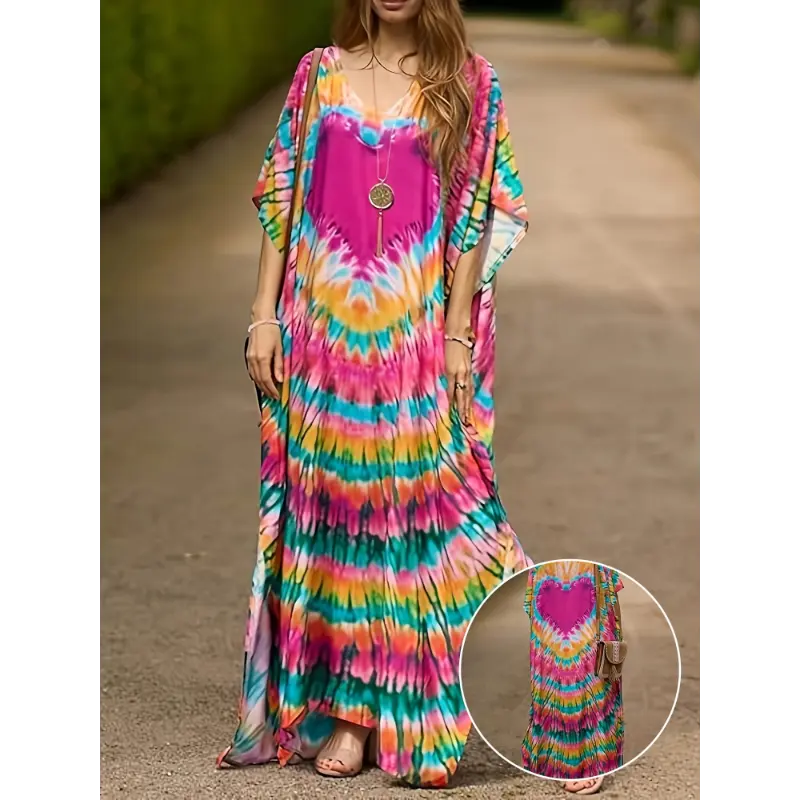 Present 1pc Plus Size Viscose Kaftan Dress - Casual Floral Half Sleeve Midi Kaftan with Crew Neck and Split Detail for Women - Summer Beach Robe Cover Up, Non-Stretch Woven Fabric, Going Out Occasion