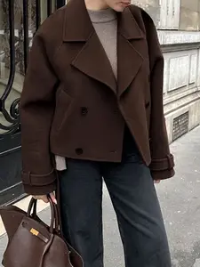 Double-Breasted Short Jacket Casual Loose Women's Coat, Oversized Collar and Button Design, Hooded Pockets, Winter Outerwear