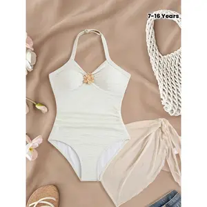 Rib Knit Kids Girl 1pc Swimsuit with Mesh Beach Skirt Tween And Teen Girl Bathing Suit 7-16 Years Old Girls Swimwear Outfits