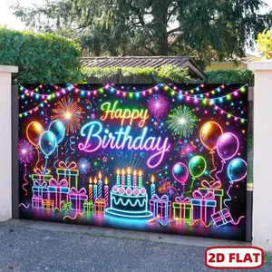 2D Flat Banner Polyester Photography Backdrop, HD Digitally Printed Neon Happy Birthday Theme Background Cloth, Soft Lightweight Foldable Photo Booth Prop for Birthday Parties, Festive Event Decor, and Celebration Photography