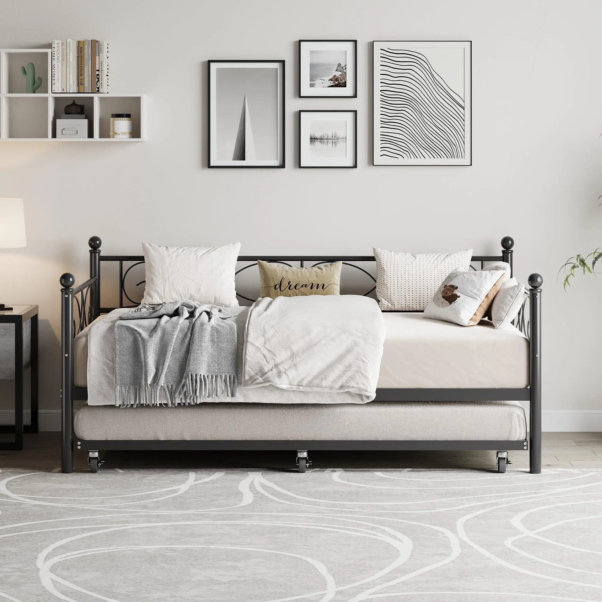 Gaomon Twin Size Daybed with Trundle Pull Out Bed, Floral Headboard, Sturdy Steel Bed Frame with Steel Slats, Tool-Free Assembly, Durable Black Modern Space-Saving Multifunctional Furniture for Living Room, No Box Spring Needed