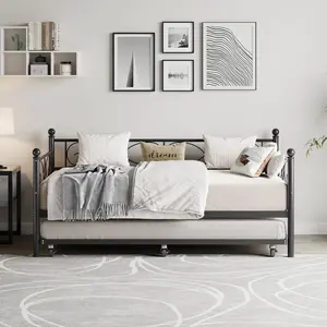 Gaomon Twin Size Daybed with Trundle Bed, Floral Headboard, Sturdy Steel Frame, Tool-Free Assembly, Space-Saving Black Modern Multifunctional Furniture for Living Room, Guest Room, No Box Spring Needed