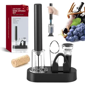 4 in 1 Air Pump Wine Bottle Opener Set With Foil Cutter, Wine Pourer, Vacuum Stopper and Storage Base, Efficient Corkscrew Bottle Opener Without Damaging Corks, Gifts for Wine Lover built-in