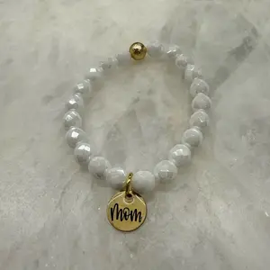 Mom STACKED Bracelet - Handmade 8mm Gemstone bracelet with Exclusive Two-Sided Mom Charm & Gold Filled Accents