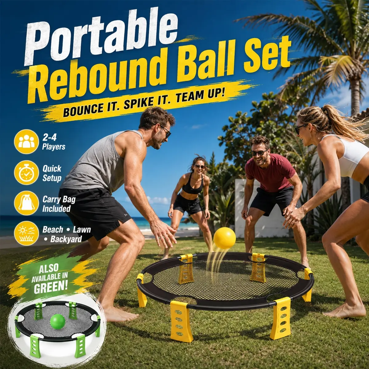 Roundnet Ball Outdoor Sports Set Beach Yard Style, Portable Rebound Net Kit with 2 Balls, Pump and Carry Bag Included, Quick Setup Team Challenge Equipment for Adults Kids Family, 2-4 Players, Beach, Backyard, Lawn, Park, Camping and Party Activities