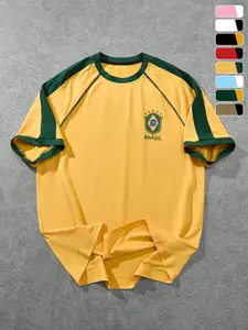 Unisex Brazil Soccer Jersey T-Shirt - Retro Blokecore Aesthetic Sportswear Top - Contrast Raglan Sleeve Football Shirt for Game Day, Gym, and Vintage Streetwear Outfits