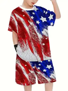 Boys' American Flag Graffiti Print Short Sleeve T-Shirt & Shorts Set, Independence Day Casual Athletic Breathable Two-Piece