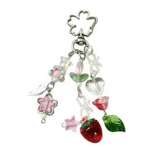 Strawberry Bag Charm Keyring - Aesthetic Y2K Keychain with Cute Butterfly, Tulip, Star, and Bear - Perfect Bag Purse Gift for Women and Girls