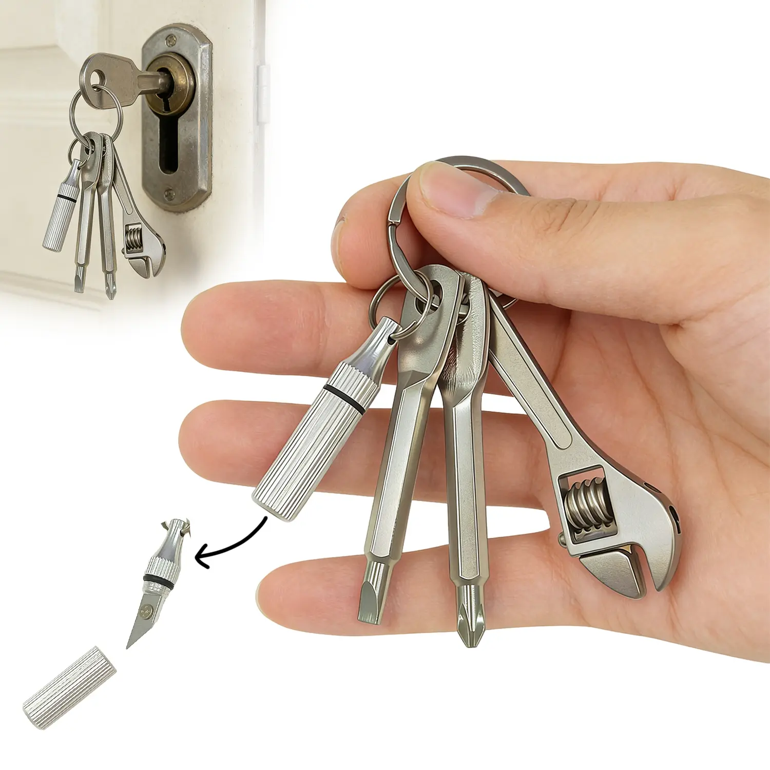4-in-1 Mini EDC Tool Keychain, Multifunctional Pocket Repair Tool with Letter Opener, Screwdriver & Wrench, Compact Metal Key Ring for Camping, Cycling, Motorcycle & Everyday Use