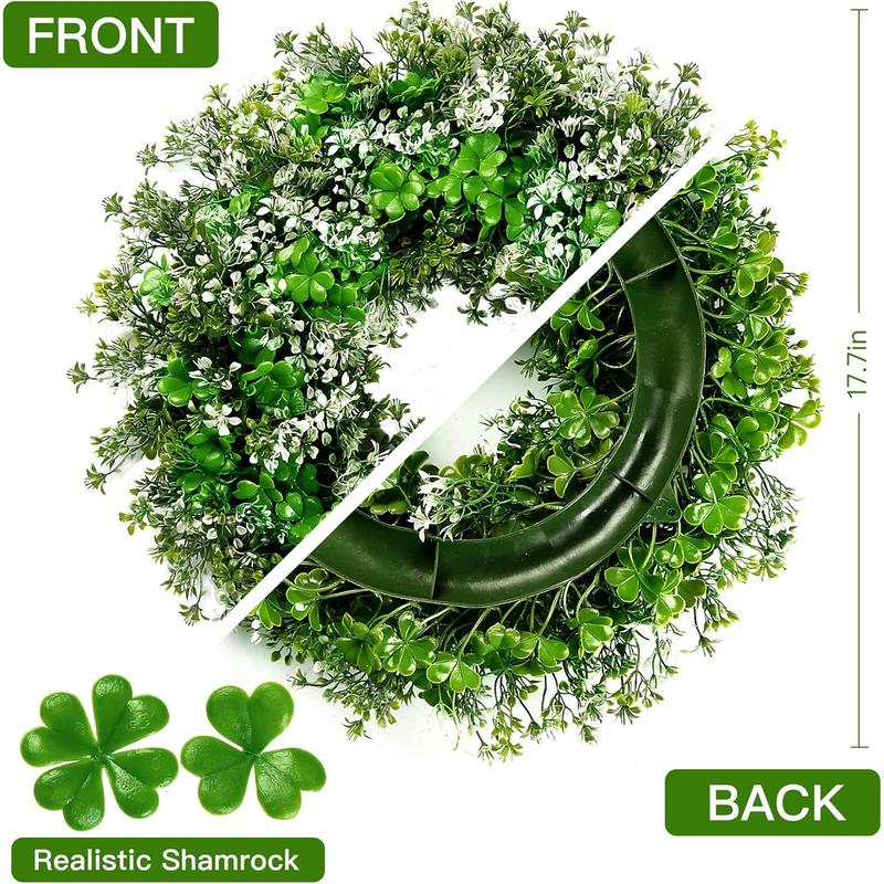 St. Patrick's Day 17.7’’ Shamrocks Wreath with 30 Green Lights Artificial Greenery Clover Wreath for Wall, Window, and Indoor Home Decor Ornaments Decoration Deer