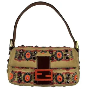 Pre-owned FENDI beaded suede Shoulder Bags Suede Multi Rhinestone Beaded Pony Fur Leather Baguette Flap Purse