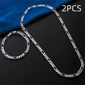 925 Sterling Silver plated Clasp 6mm Figaro Chain&bracelet for Men Women Diamond Cut Chain Necklace 19.68/23.62 Inches Valentine's gift