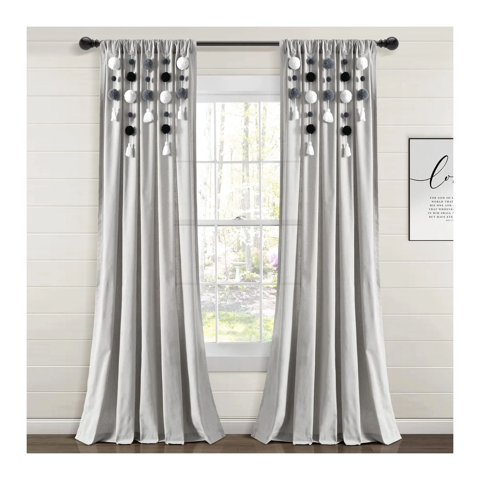 Boho PomPom One Window Curtain Panel 52" x 95"by Lush Decor